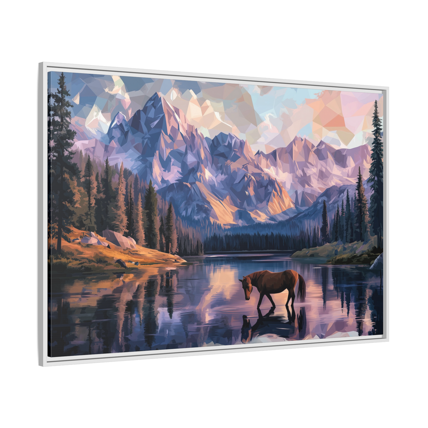 Horse at the Lake Canvas – Rustic Mountain Landscape Print