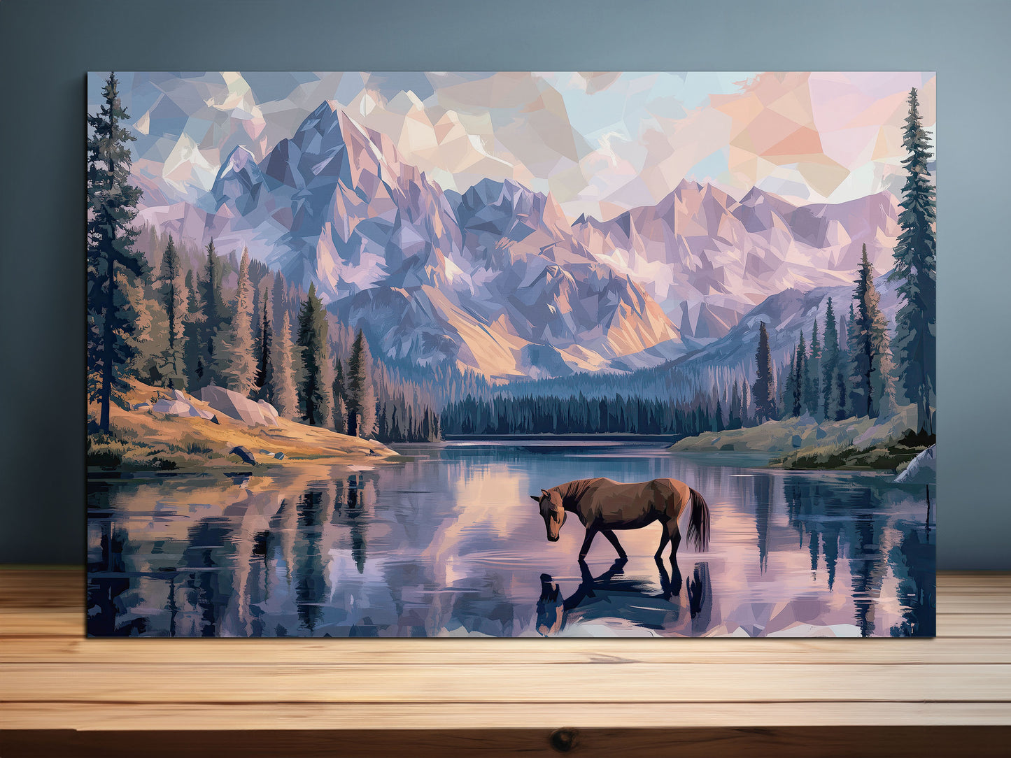 Horse at the Lake Canvas – Rustic Mountain Landscape Print