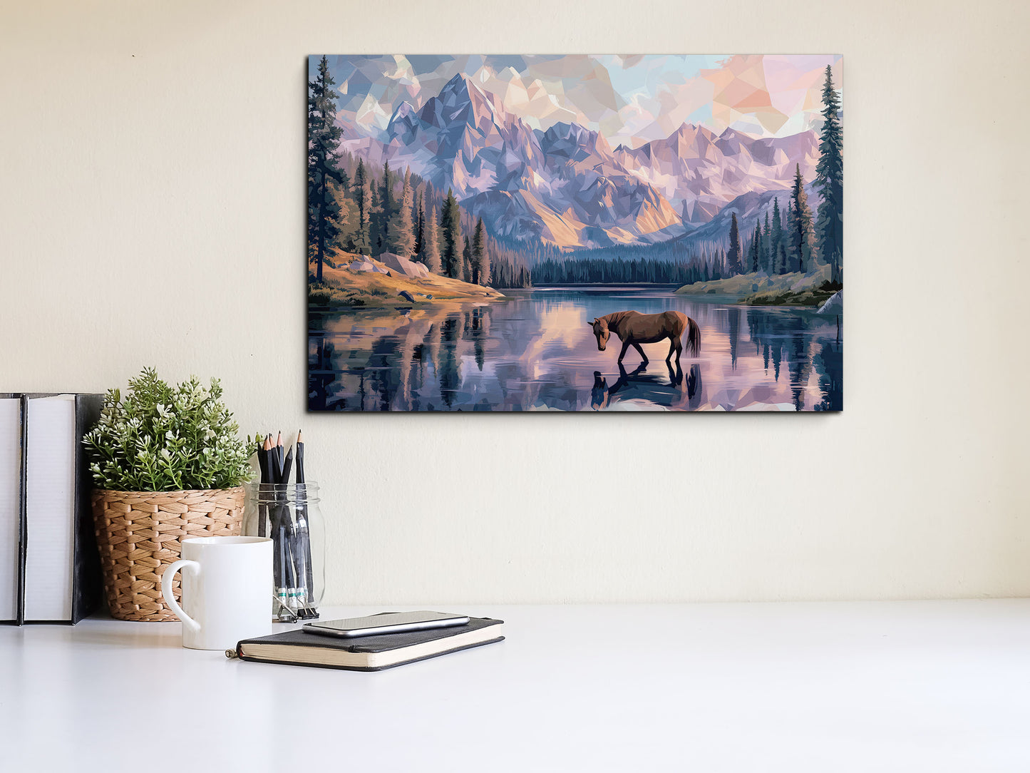Horse at the Lake Canvas – Rustic Mountain Landscape Print
