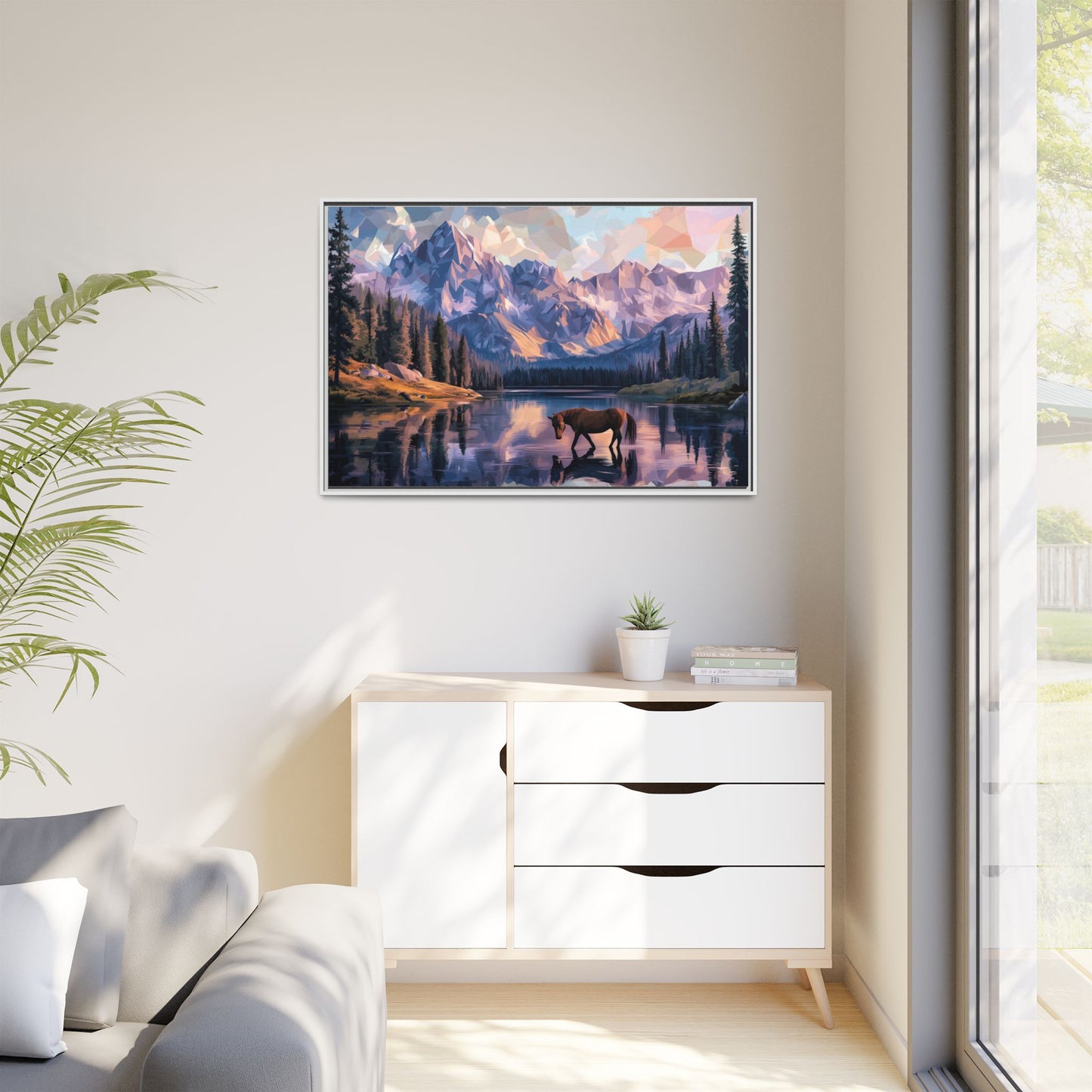 Horse at the Lake Canvas – Rustic Mountain Landscape Print