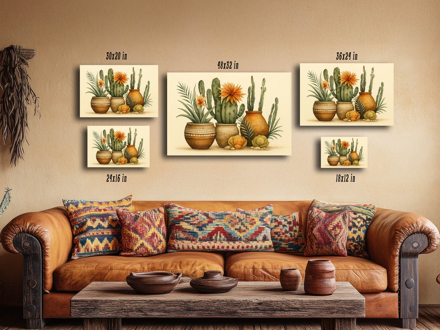 Terracotta Cactus Pots Canvas – Southwestern Wall Art