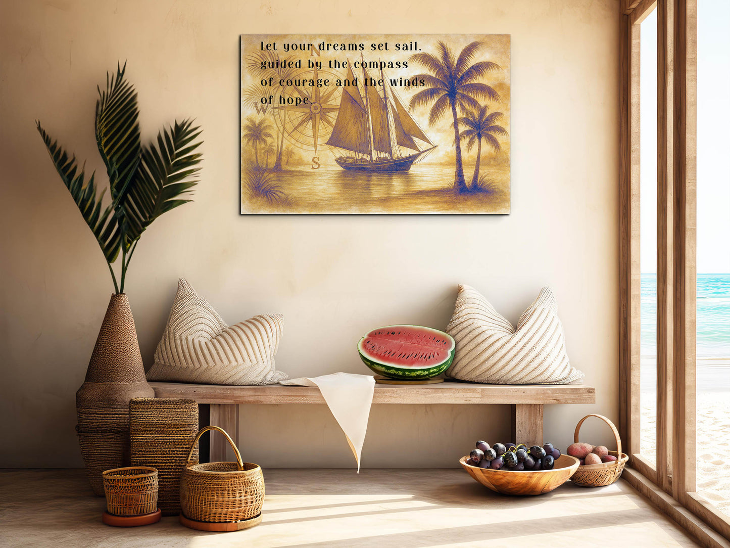 Set Sail Canvas Wall Art – Nautical Quote with Compass and Sailboat