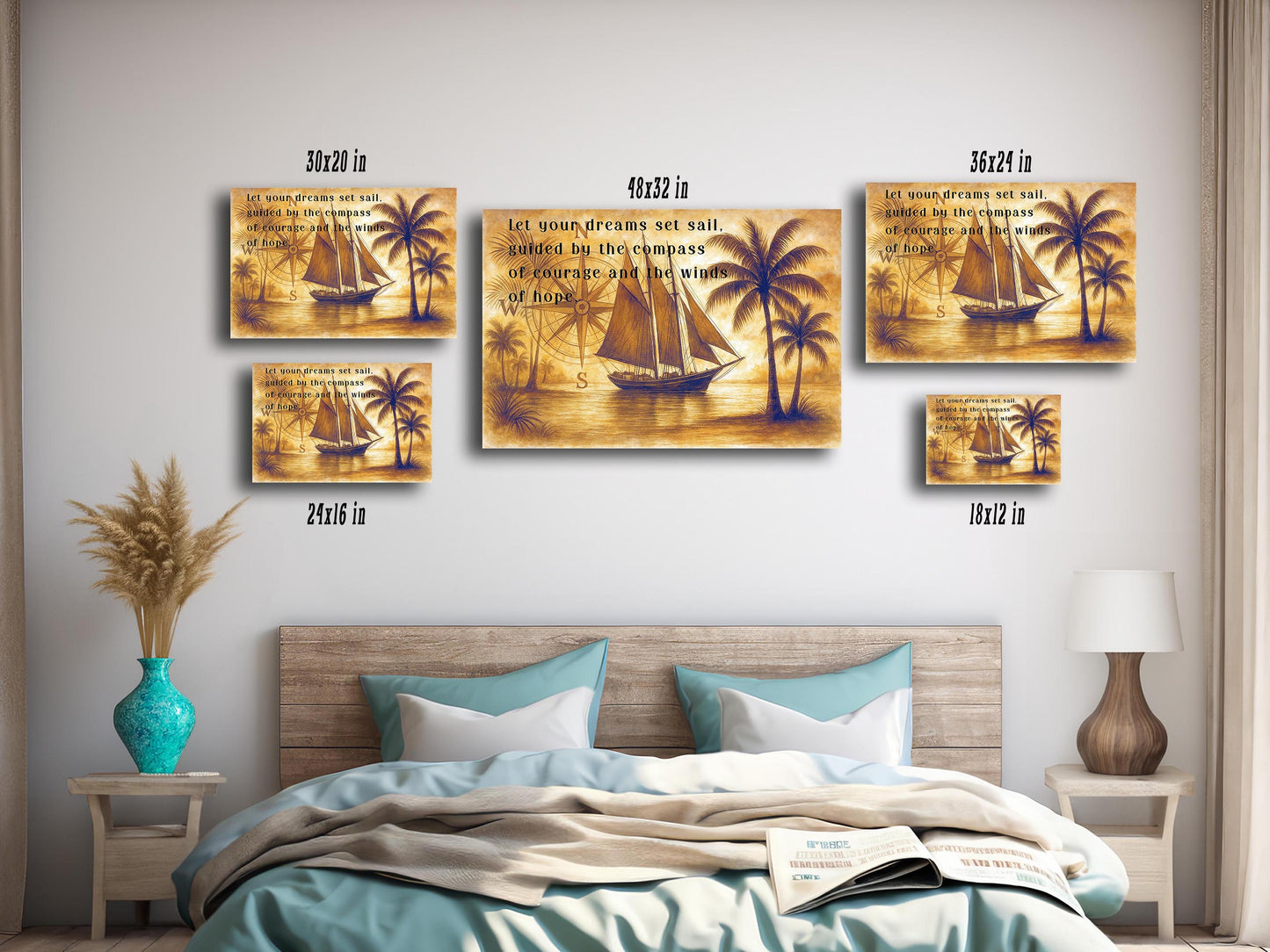 Set Sail Canvas Wall Art – Nautical Quote with Compass and Sailboat