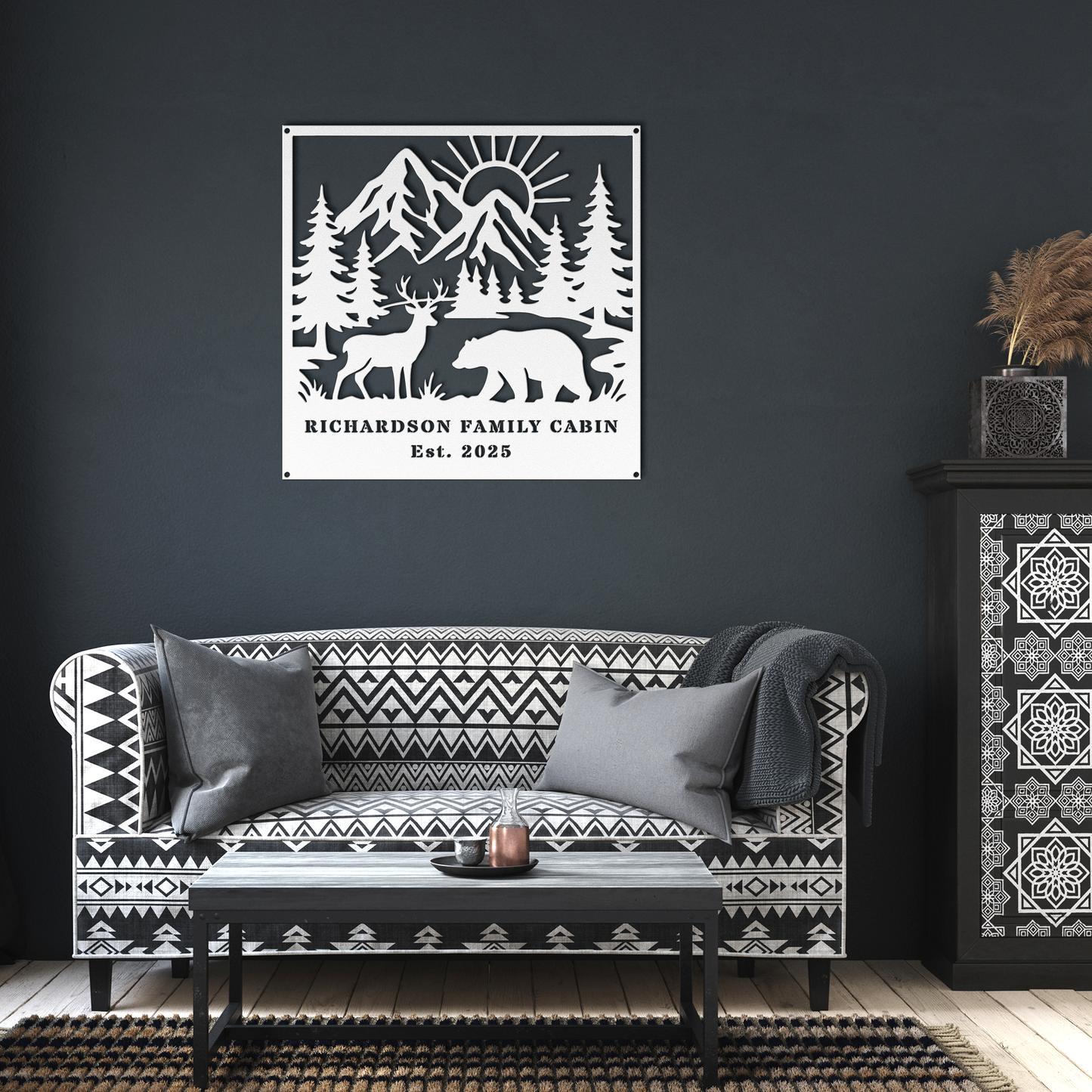 Custom_Mountain_Wildlife_Metal_Sign_White_Dark_Living_Room_Mockup.png