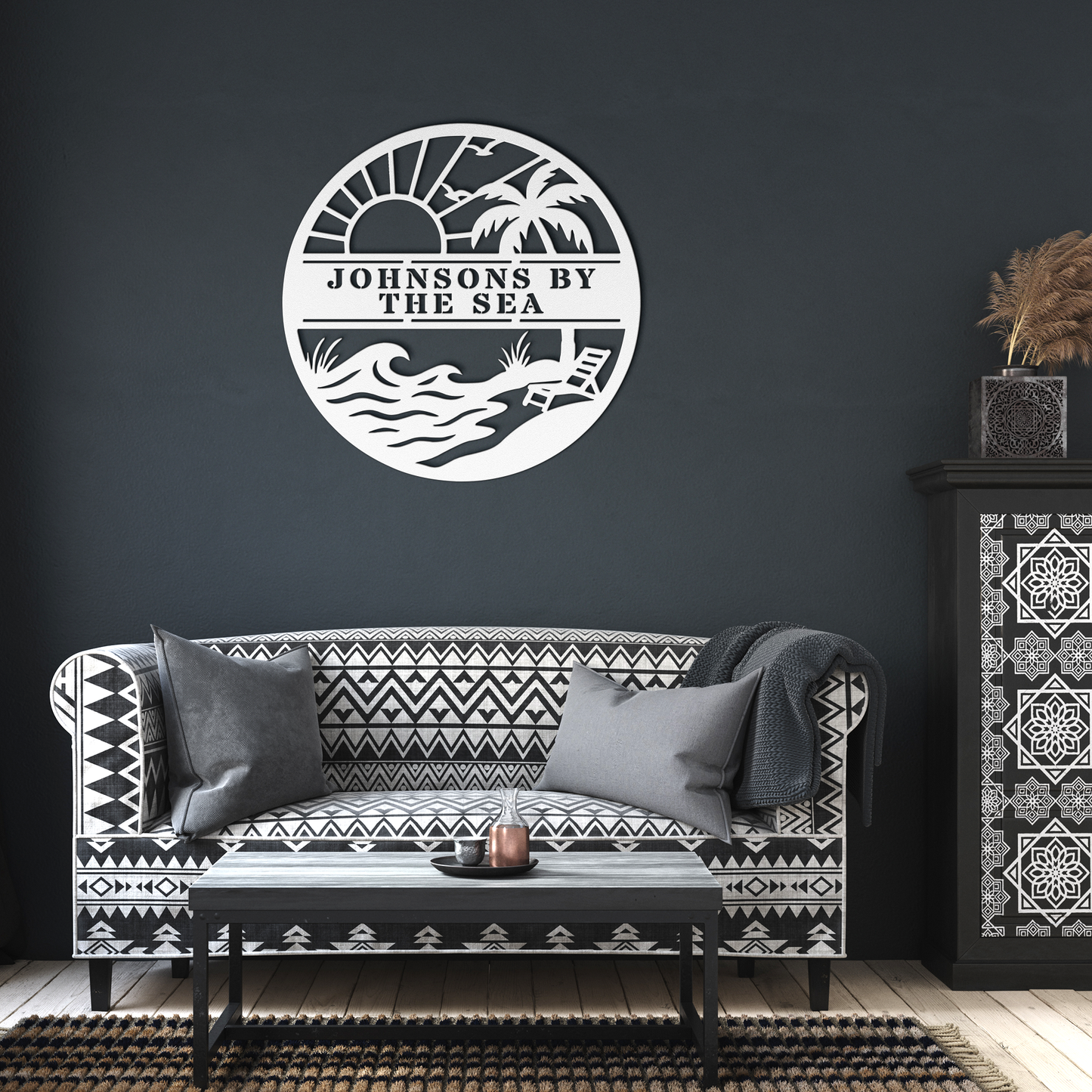 Ocean_Sunrise_Custom_Metal_Sign_White_Dark_Living_Room_Mockup.png