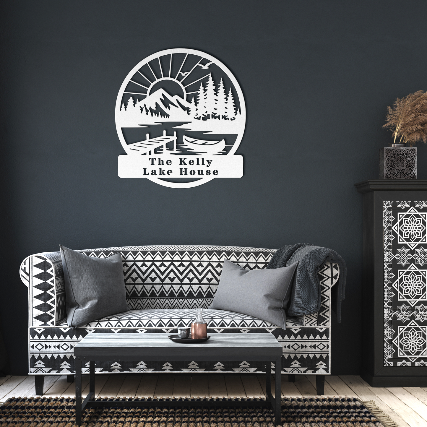 Rustic_Lake_Dock_Custom_Metal_Sign_White_Dark_Living_Room_Mockup.png