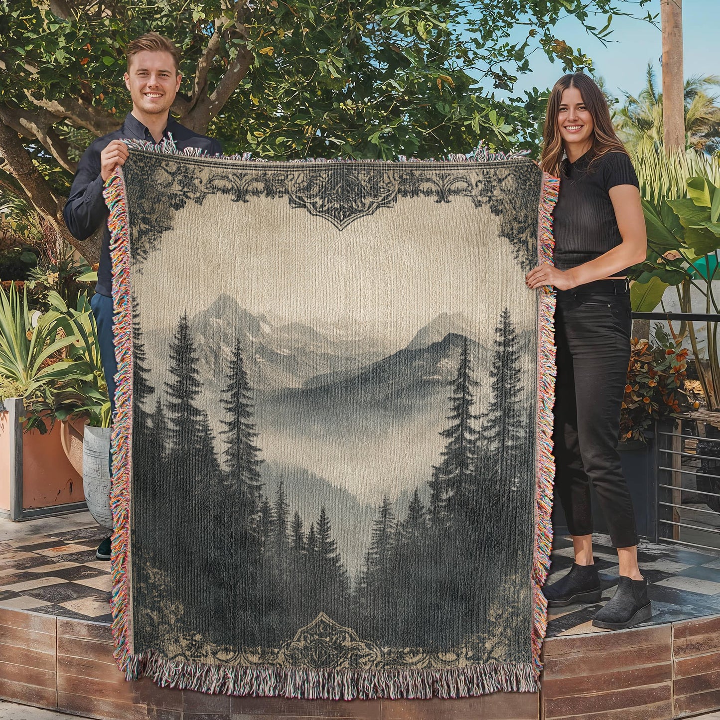 Antique-Style Mountain Scene Blanket