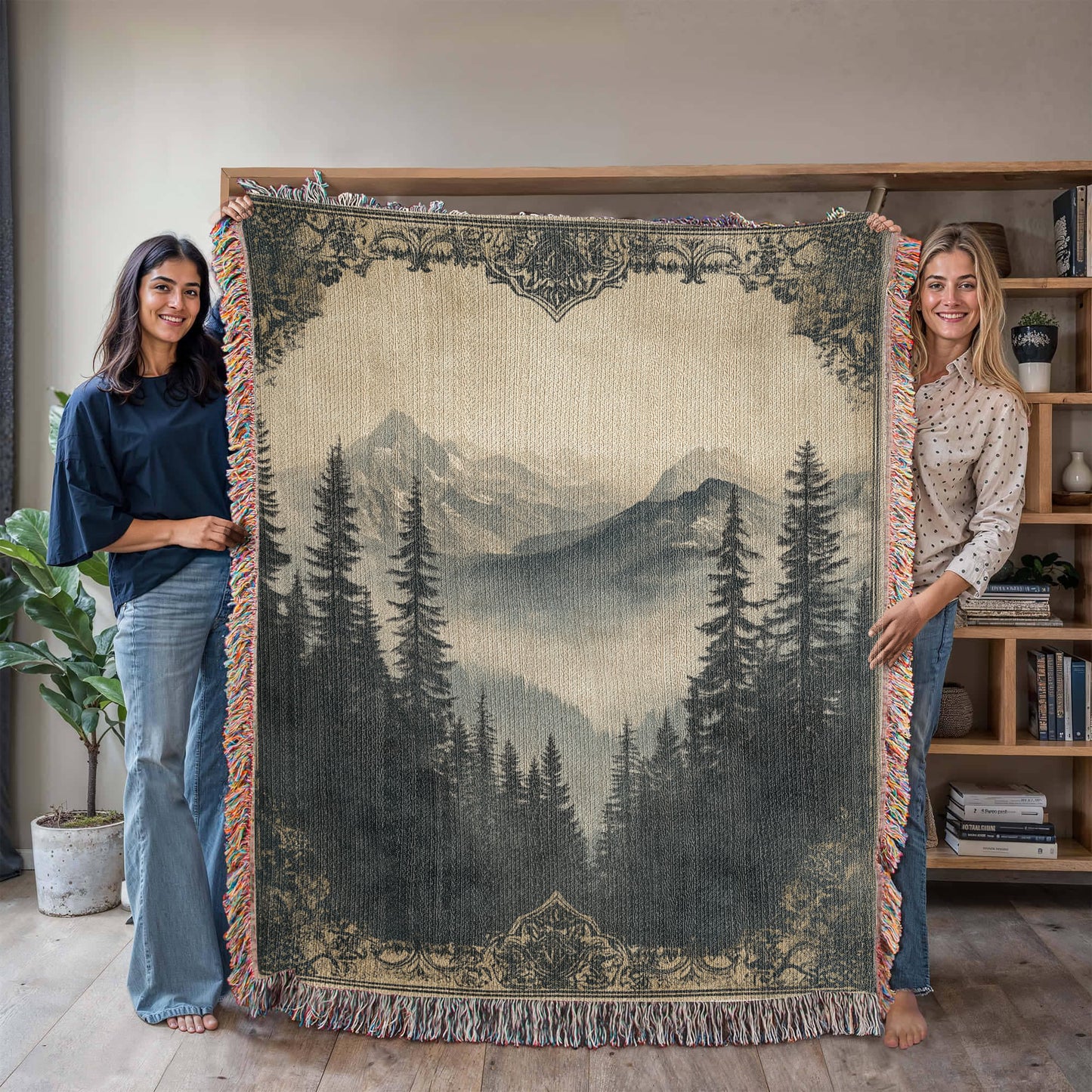 Antique-Style Mountain Scene Blanket
