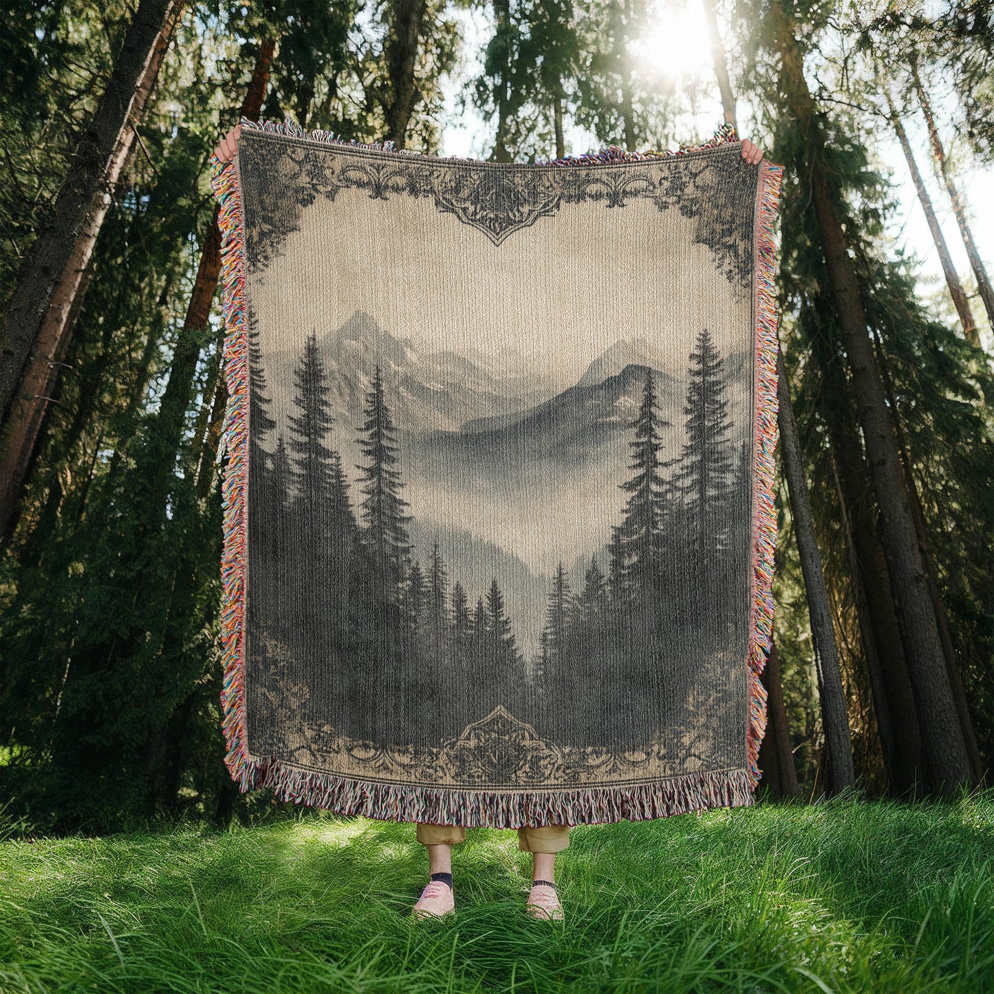 Antique-Style Mountain Scene Blanket