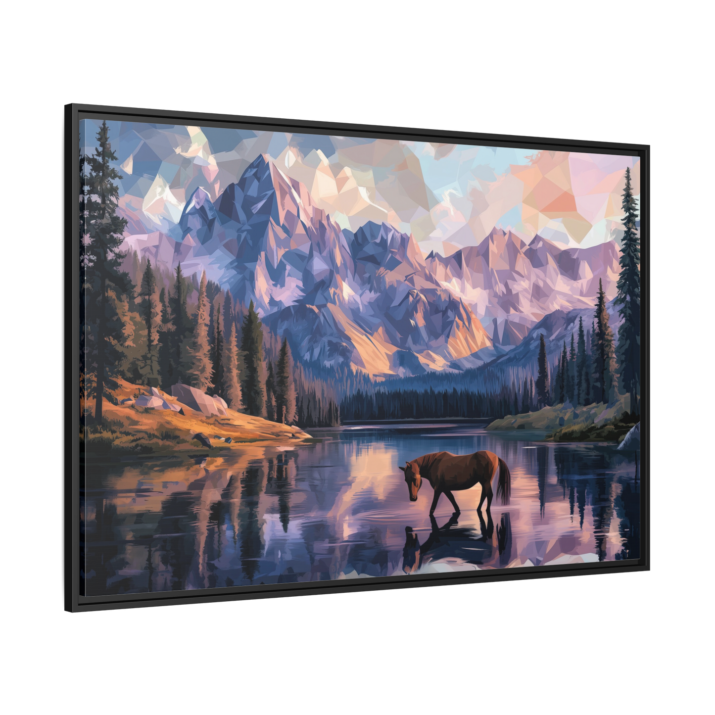 Horse at the Lake Canvas – Rustic Mountain Landscape Print