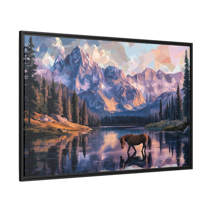 Horse at the Lake Canvas – Rustic Mountain Landscape Print
