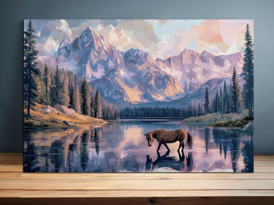 Horse at the Lake Canvas – Rustic Mountain Landscape Print