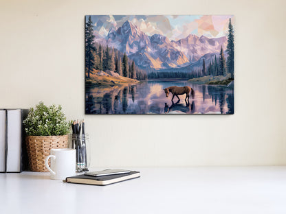 Horse at the Lake Canvas – Rustic Mountain Landscape Print
