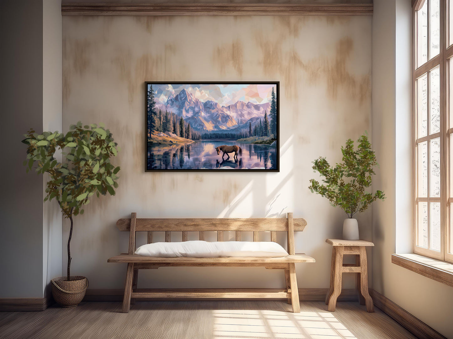 Horse at the Lake Canvas – Rustic Mountain Landscape Print