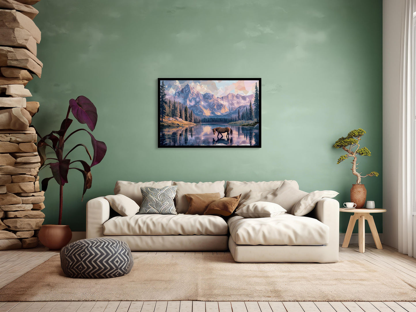 Horse at the Lake Canvas – Rustic Mountain Landscape Print