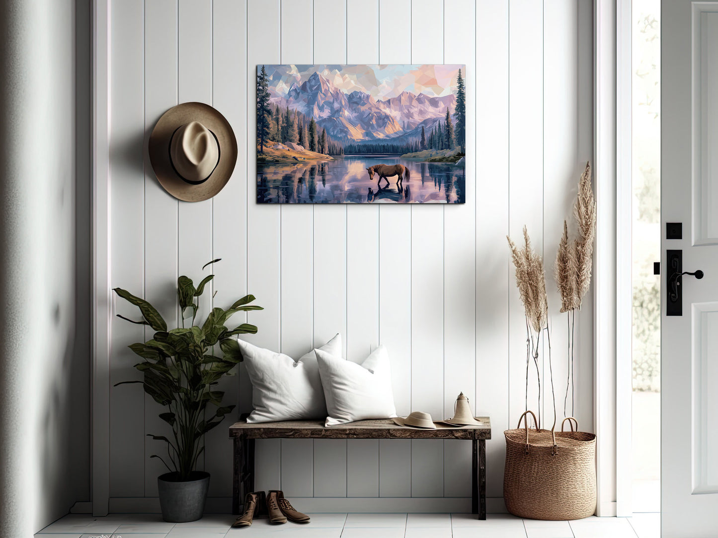 Horse at the Lake Canvas – Rustic Mountain Landscape Print