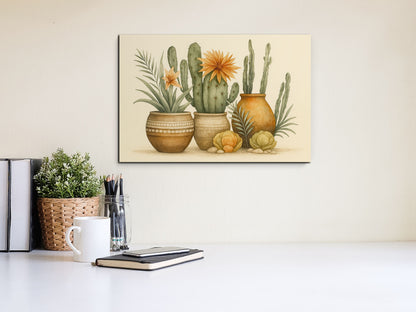 Terracotta Cactus Pots Canvas – Southwestern Wall Art