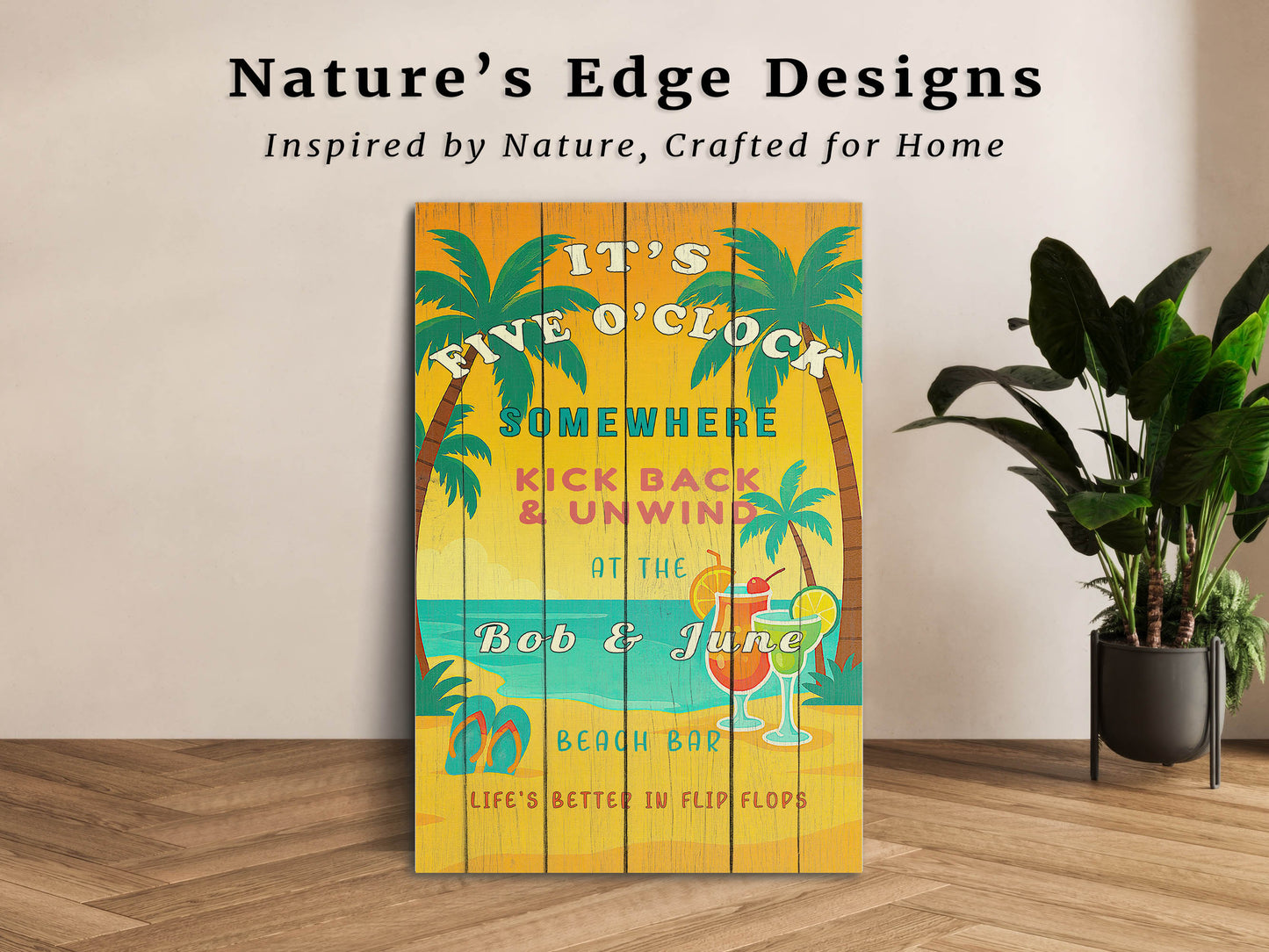 It’s Five O’Clock Somewhere Sign – Personalized Tropical Beach Bar Wall Art