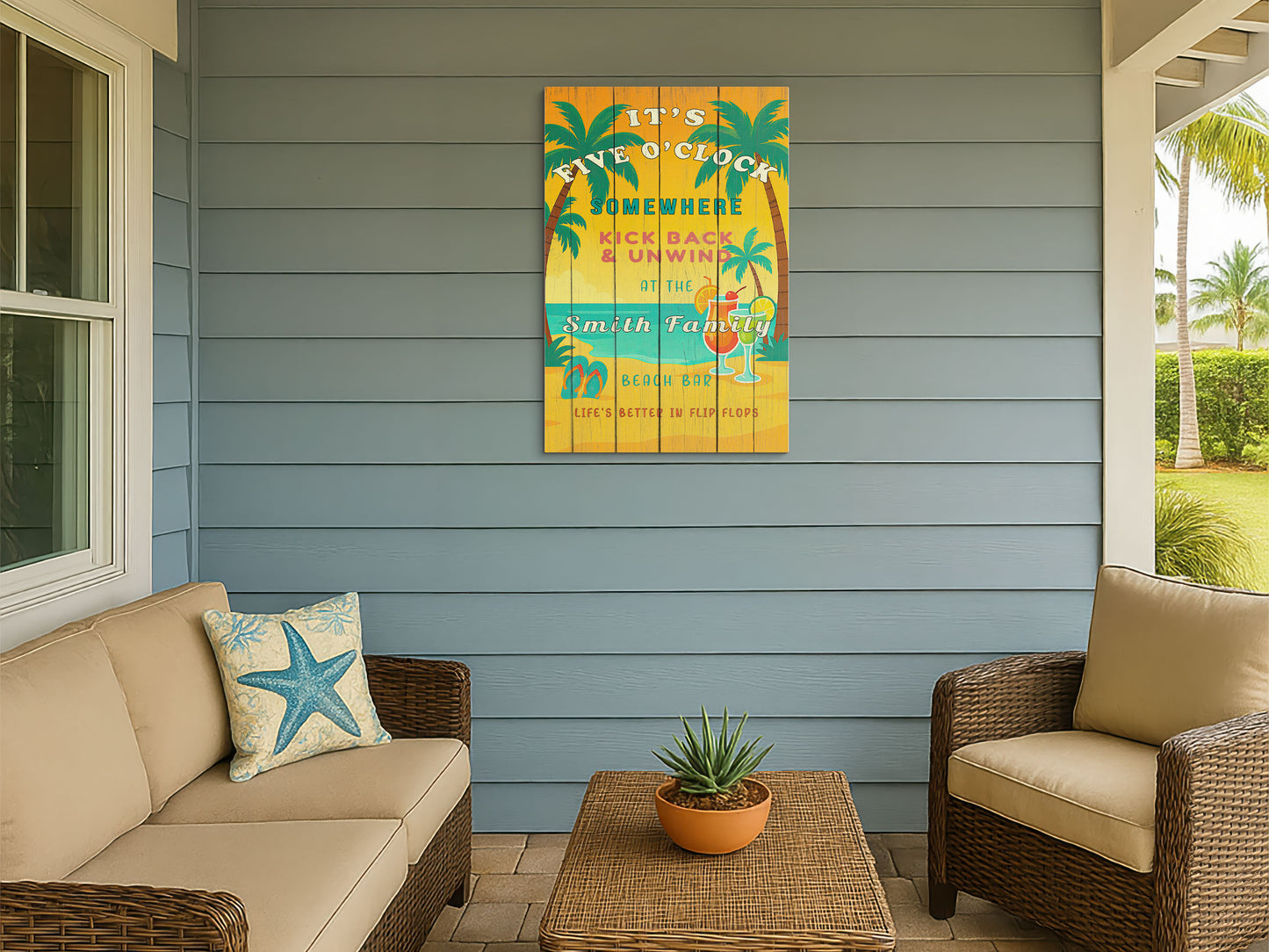 It’s Five O’Clock Somewhere Sign – Personalized Tropical Beach Bar Wall Art