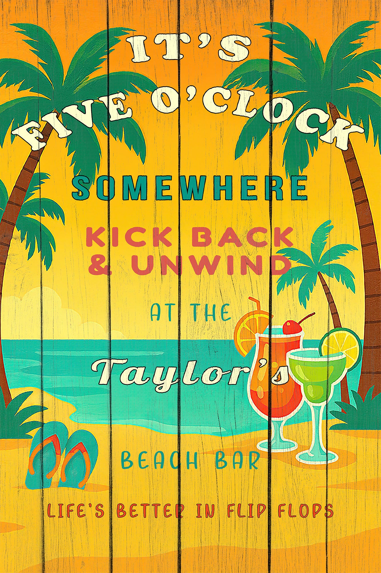 It’s Five O’Clock Somewhere Sign – Personalized Tropical Beach Bar Wall Art