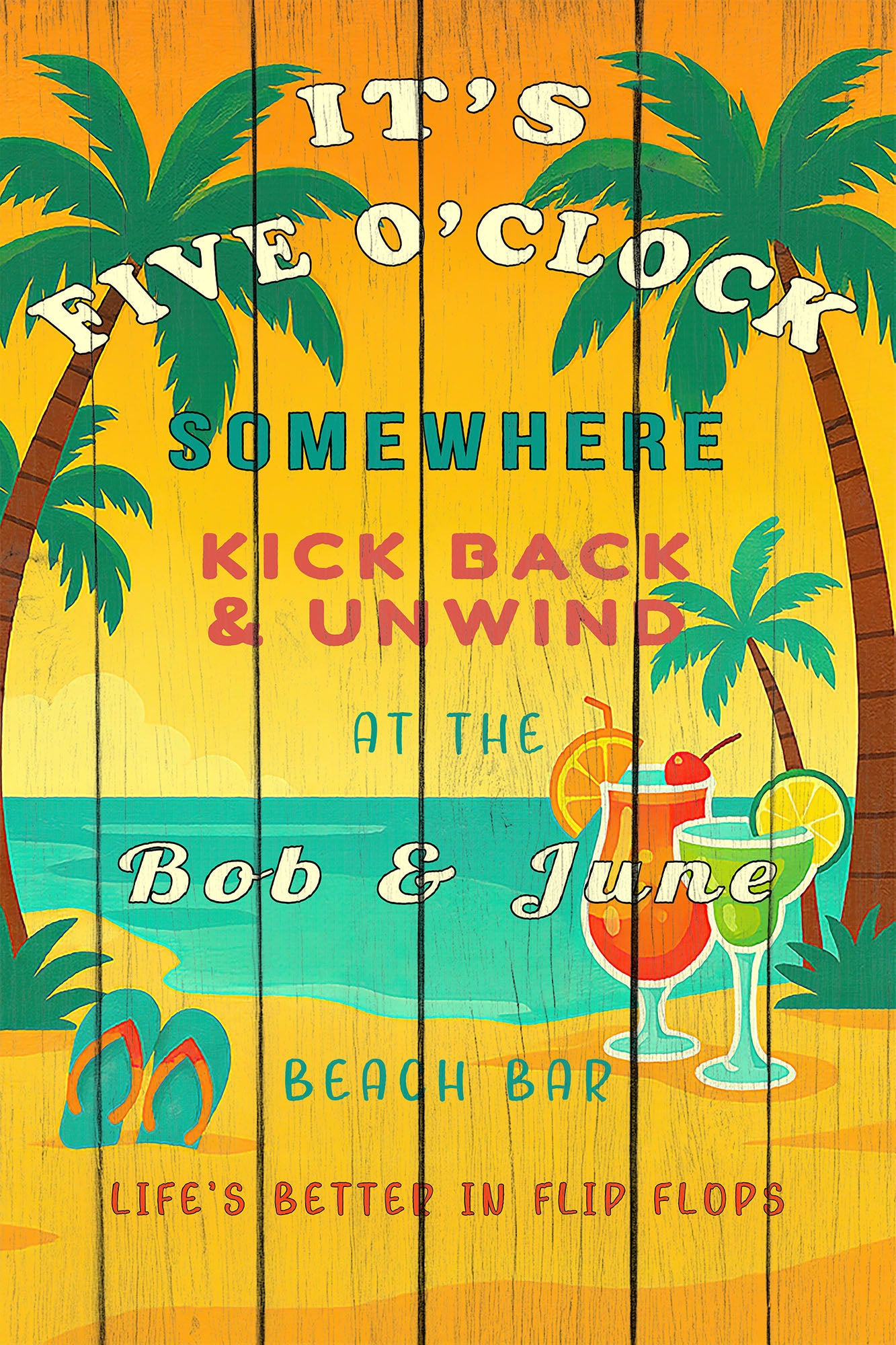 It’s Five O’Clock Somewhere Sign – Personalized Tropical Beach Bar Wall Art