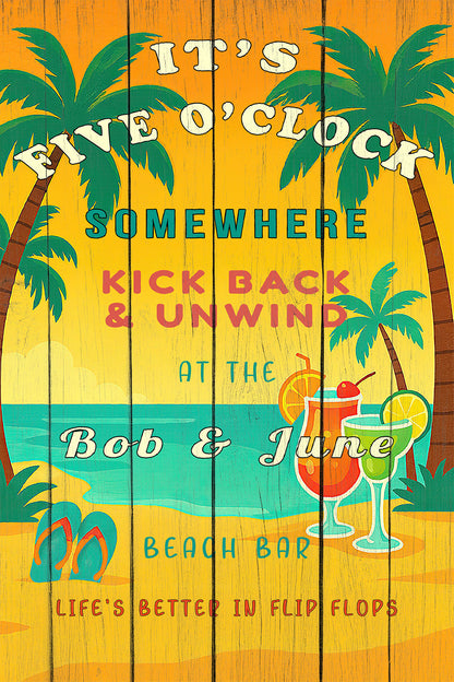 It’s Five O’Clock Somewhere Sign – Personalized Tropical Beach Bar Wall Art