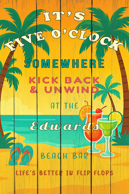 It’s Five O’Clock Somewhere Sign – Personalized Tropical Beach Bar Wall Art
