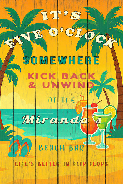 It’s Five O’Clock Somewhere Sign – Personalized Tropical Beach Bar Wall Art