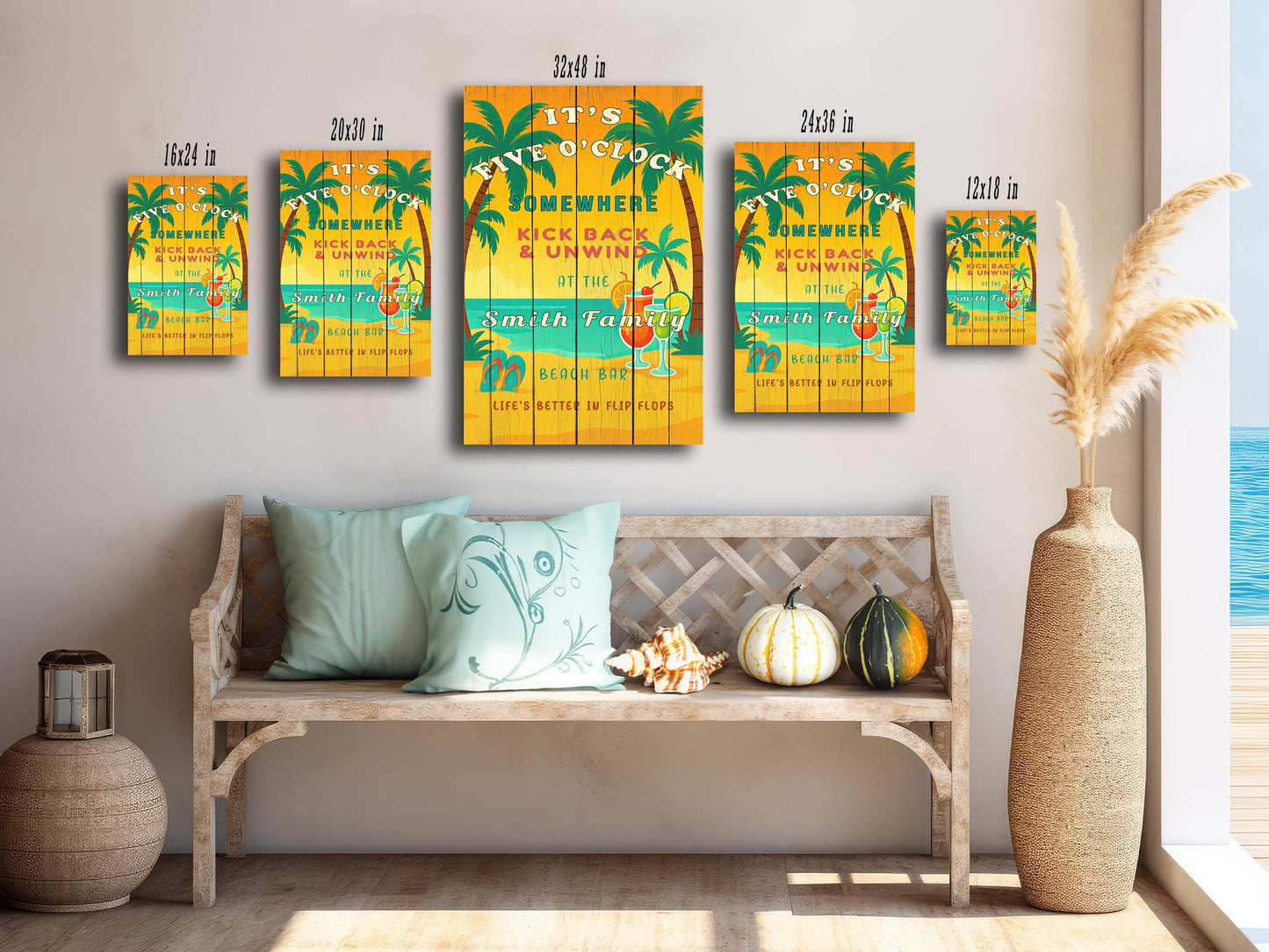 It’s Five O’Clock Somewhere Sign – Personalized Tropical Beach Bar Wall Art