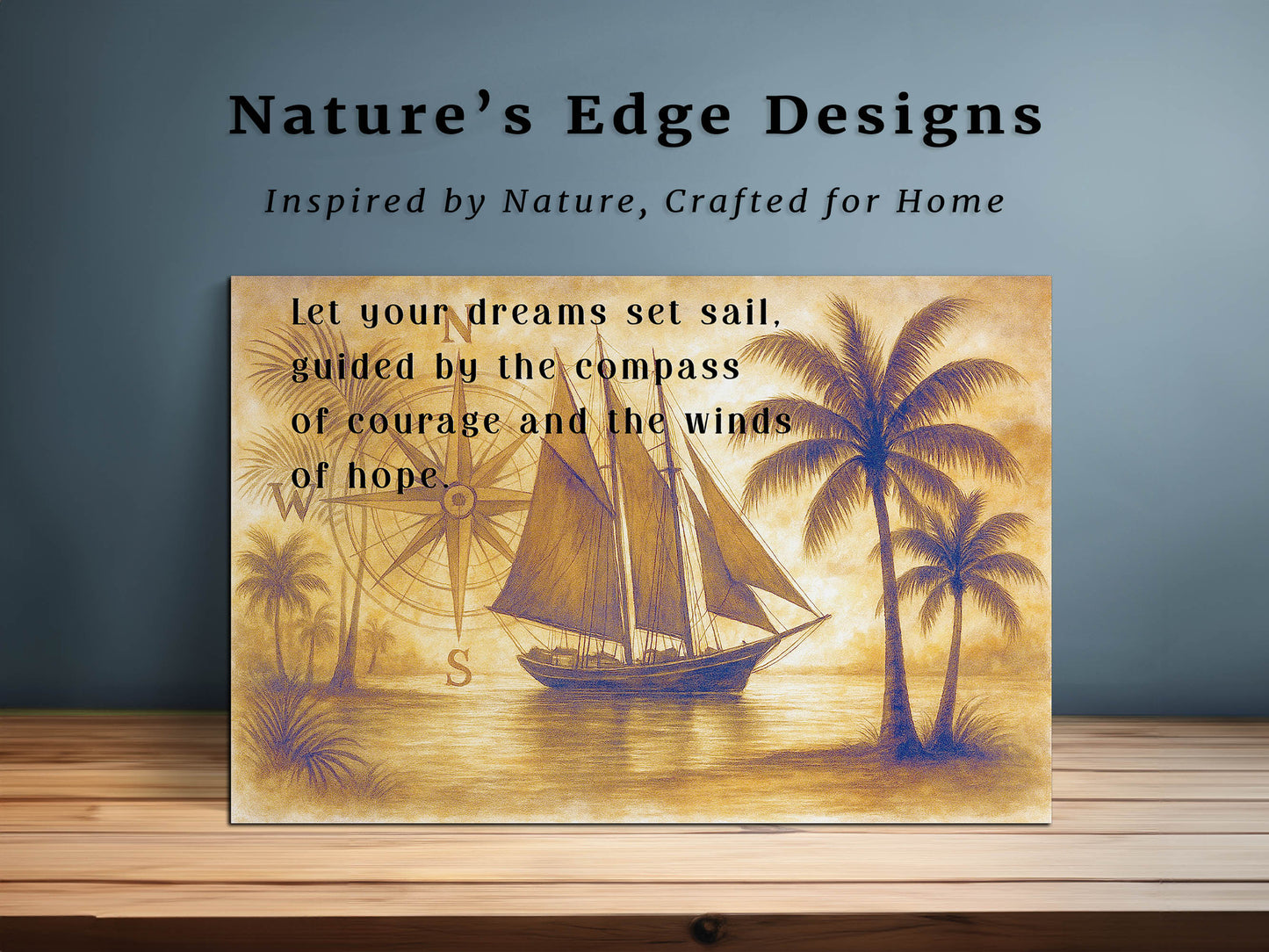 Set Sail Canvas Wall Art – Nautical Quote with Compass and Sailboat