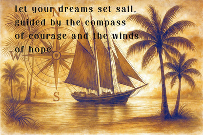 Set Sail Canvas Wall Art – Nautical Quote with Compass and Sailboat