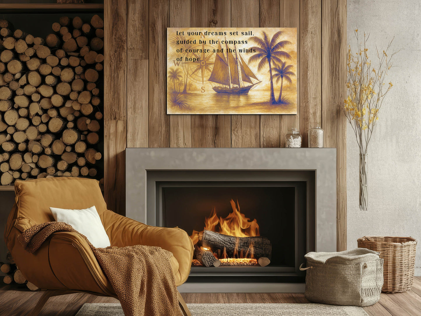 Set Sail Canvas Wall Art – Nautical Quote with Compass and Sailboat