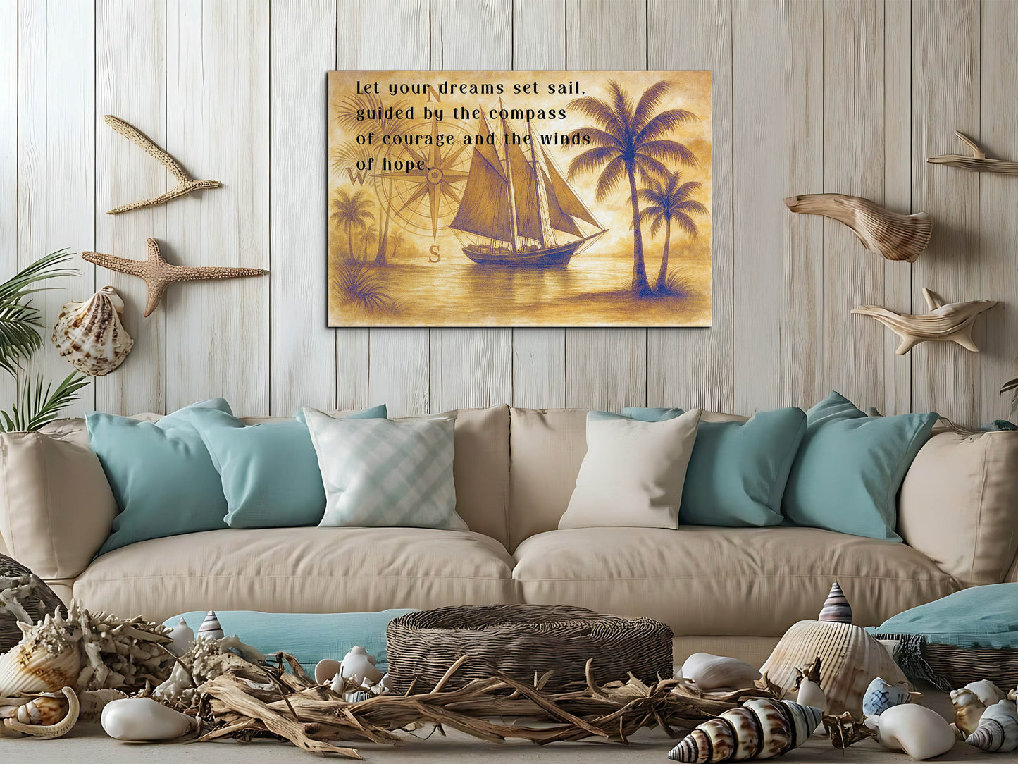 Set Sail Canvas Wall Art – Nautical Quote with Compass and Sailboat