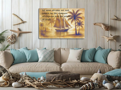 Set Sail Canvas Wall Art – Nautical Quote with Compass and Sailboat