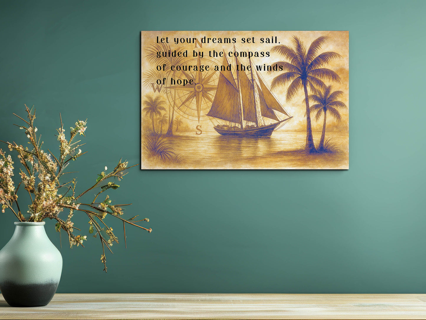 Set Sail Canvas Wall Art – Nautical Quote with Compass and Sailboat