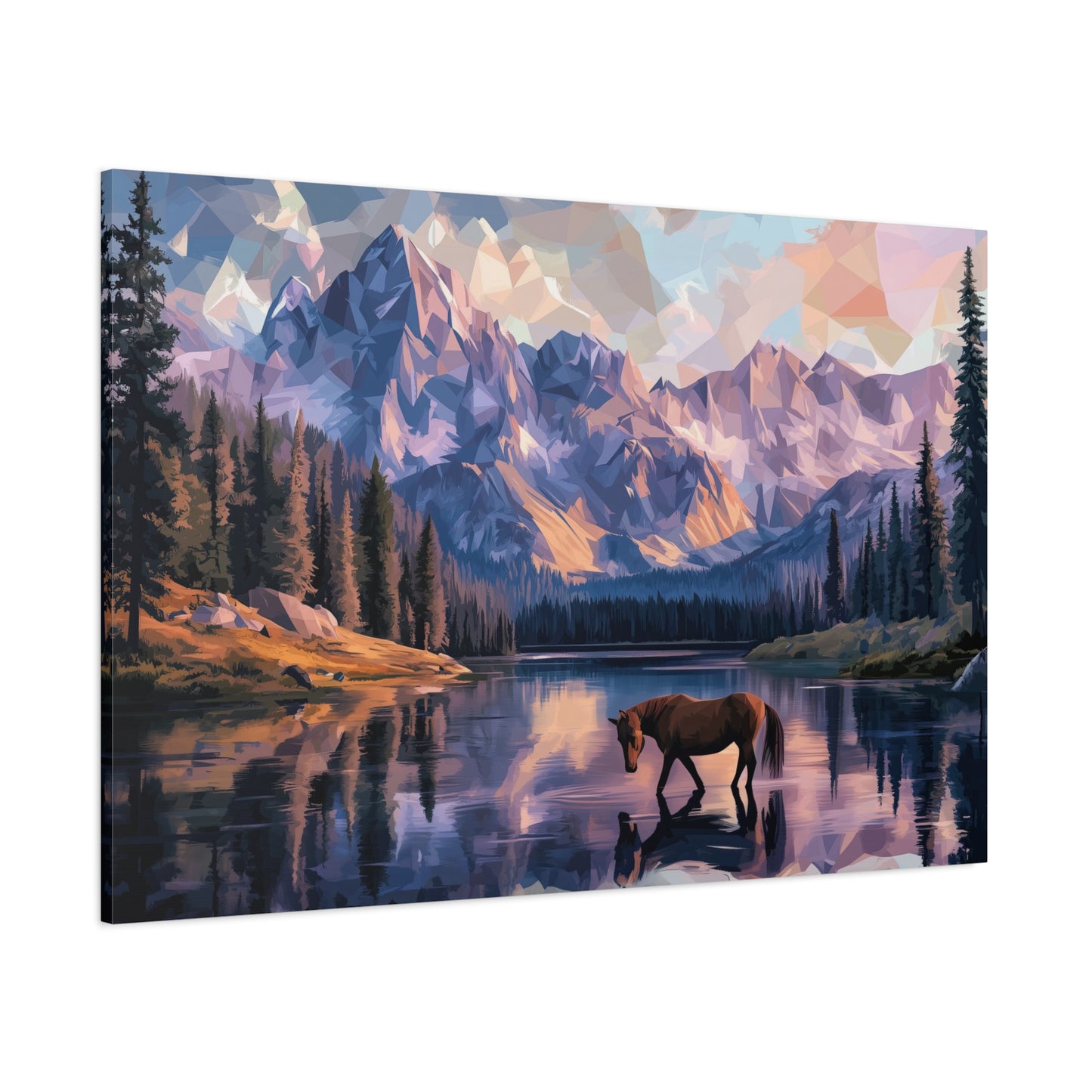 Horse at the Lake Canvas – Rustic Mountain Landscape Print