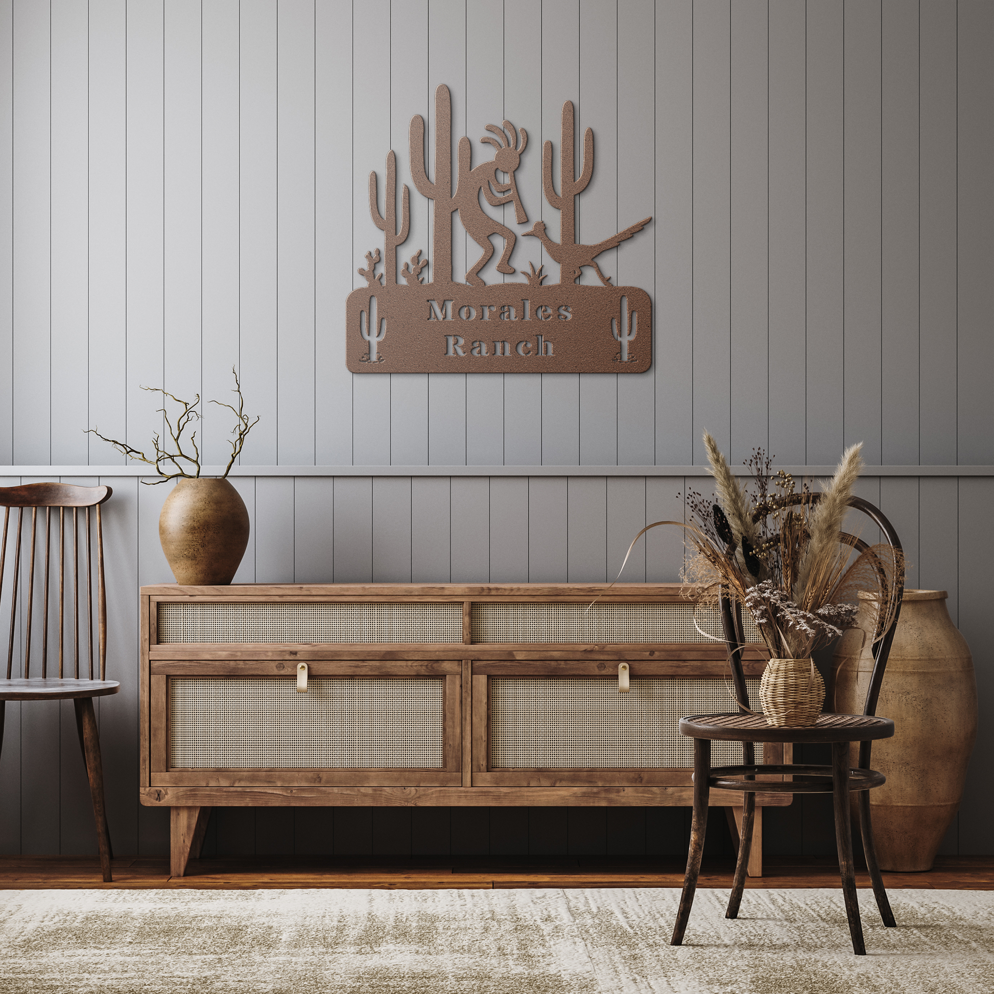Personalized_Kokopelli_Ranch_Sign_Copper_Rustic_Hallway_Mockup.png