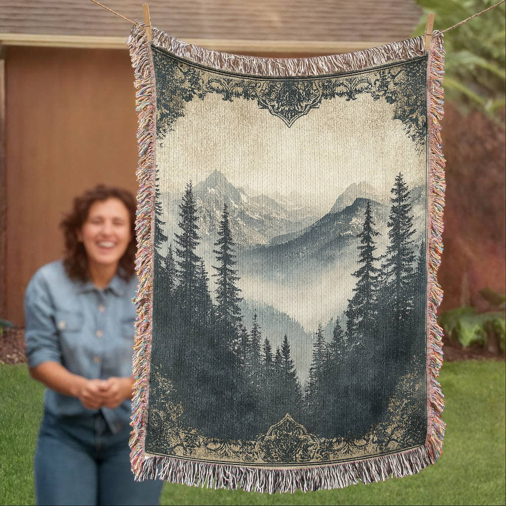 Antique-Style Mountain Scene Blanket