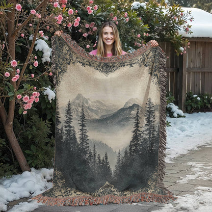 Antique-Style Mountain Scene Blanket